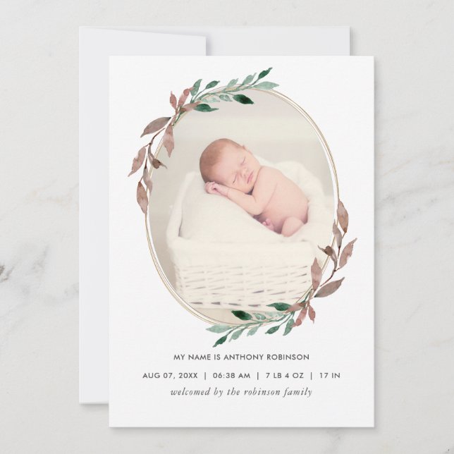 Winter Rustic Greenery Birth Announcement Card (Front)
