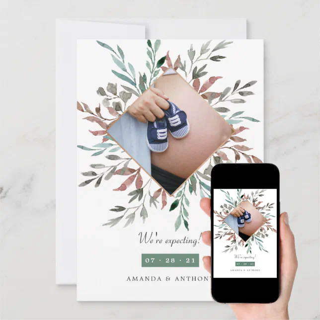 Winter Rustic Greenery Photo Pregnancy Announcement | Zazzle
