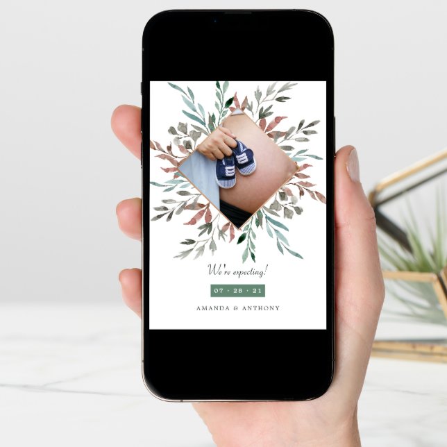 Winter Rustic Greenery Photo Pregnancy Announcement (Front Digital)