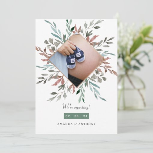 Winter Rustic Greenery Photo Pregnancy Announcement | Zazzle