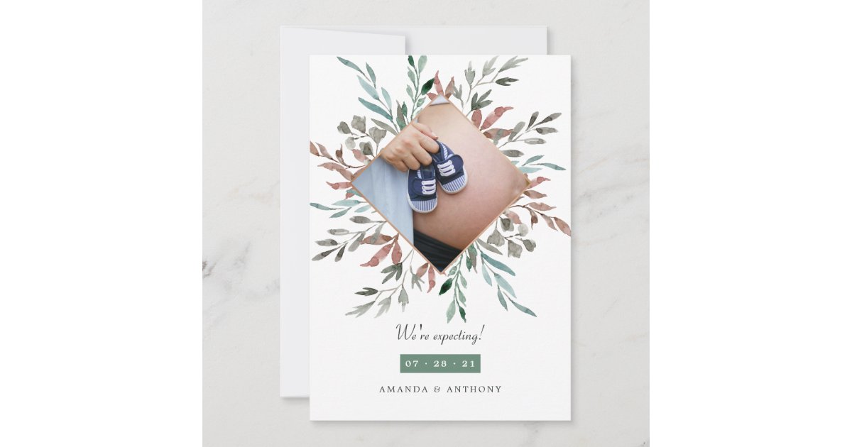 Winter Rustic Greenery Photo Pregnancy Announcement | Zazzle