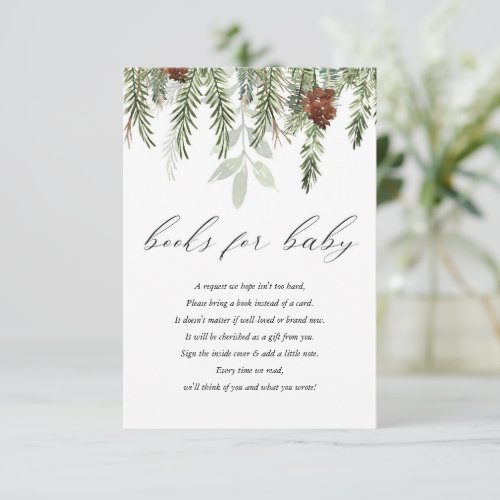 Winter rustic greenery pine tress books for baby e enclosure card