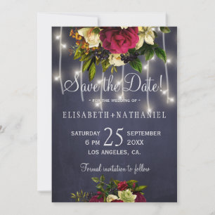Winter rustic lights navy burgundy photo wedding save the date