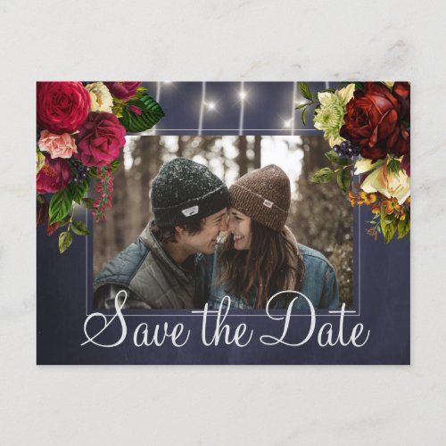 Winter rustic lights wedding photo save the date announcement postcard