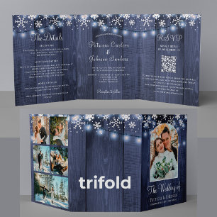 Winter rustic multi photo QR RSVP details wedding Tri-Fold Invitation