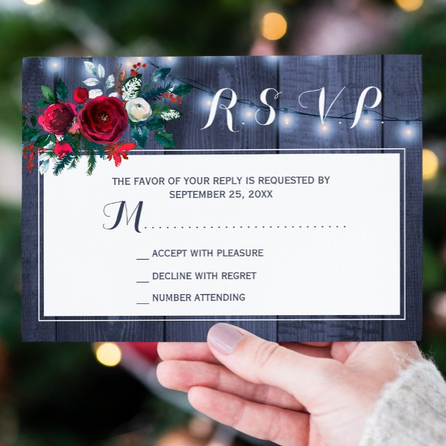 Winter rustic navy burgundy floral wedding  RSVP card (Creator Uploaded)