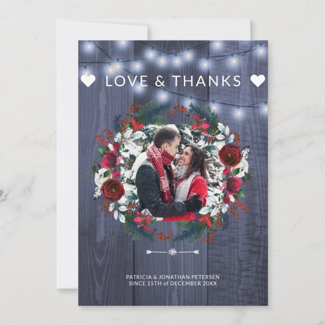 Winter Rustic Navy Burgundy Wedding Thank You Invitation (Front)