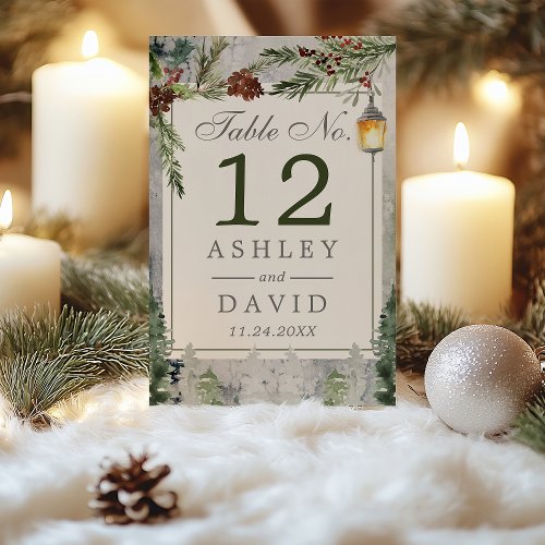 Winter Rustic Pine Chic Botanical Lantern Wedding Table Number