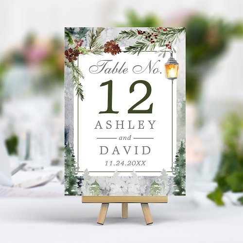 Winter Rustic Pine Chic Botanical Lantern Wedding Table Number