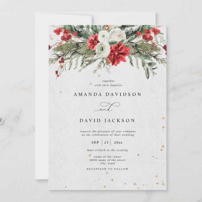 Winter Rustic Pine Greenery Red Berries Wedding Invitation (Front)