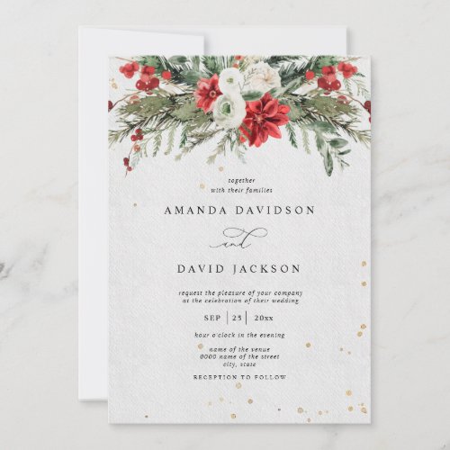 Winter Rustic Pine Greenery Red Berries Wedding Invitation