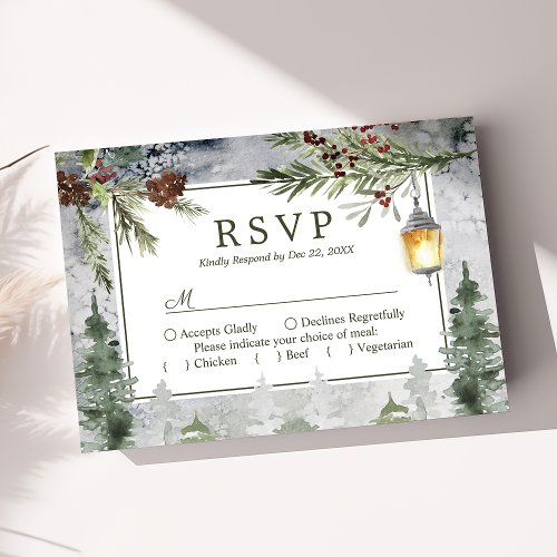 Winter Rustic Pine Tree Botanical Lantern Wedding RSVP Card