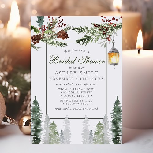 Winter Rustic Pine Trees Botanical Lantern Invitation