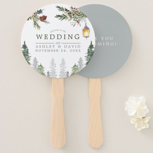 Wedding Fan Programs 5 Winter Rustic Pine Trees Botanical Lantern Wedding Hand Fan