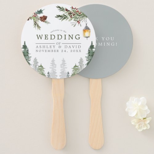 Winter Rustic Pine Trees Botanical Lantern Wedding Hand Fan