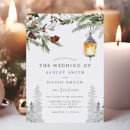 Winter Rustic Pine Trees Botanical Lantern Wedding Invitation