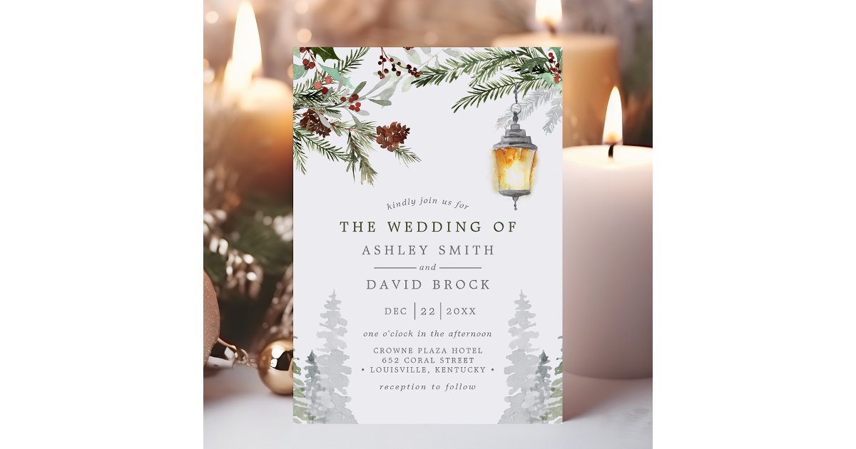 Winter Rustic Pine Trees Botanical Lantern Wedding Invitation | Zazzle