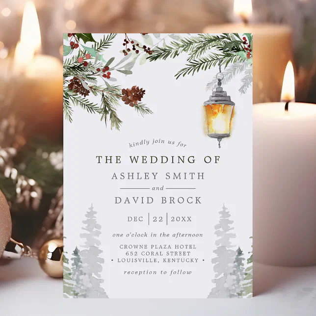 Winter Rustic Pine Trees Botanical Lantern Wedding Invitation | Zazzle