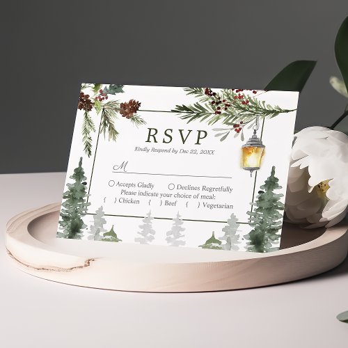 Winter Rustic Pine Trees Botanical Lantern Wedding RSVP Card