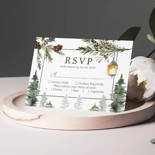 Winter Rustic Pine Trees Botanical Lantern Wedding RSVP Card | Zazzle
