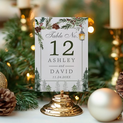 Winter Rustic Pine Trees Botanical Lantern Wedding Table Number