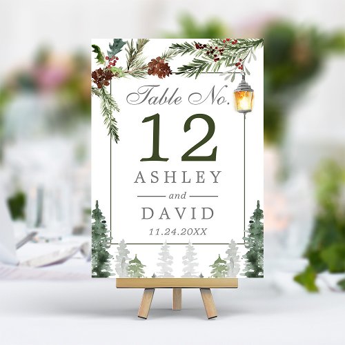 Winter Rustic Pine Trees Botanical Lantern Wedding Table Number