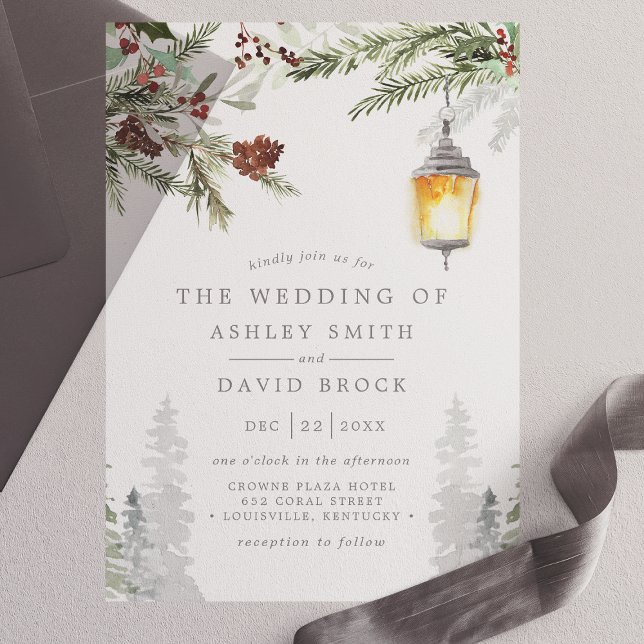 Winter Rustic Pine Trees Botanical Lantern Wedding Vellum Invitations (Creator Uploaded)