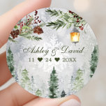 Winter Rustic Pine Trees Lantern Botanical Wedding Classic Round Sticker<br><div class="desc">Winter Rustic Pine Trees Lantern Botanical Wedding Classic Round Sticker</div>