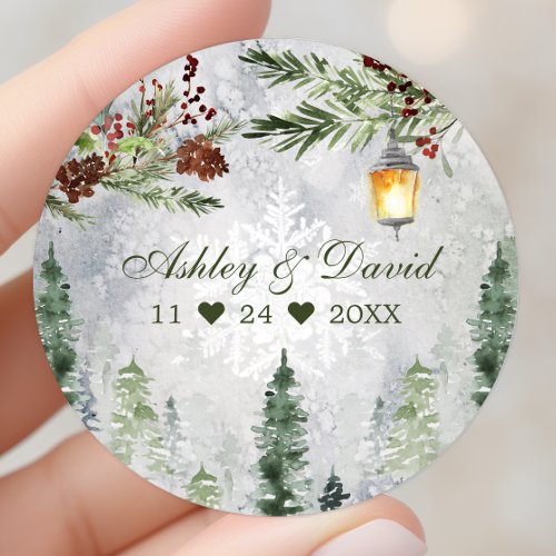 Winter Rustic Pine Trees Lantern Botanical Wedding Classic Round Sticker