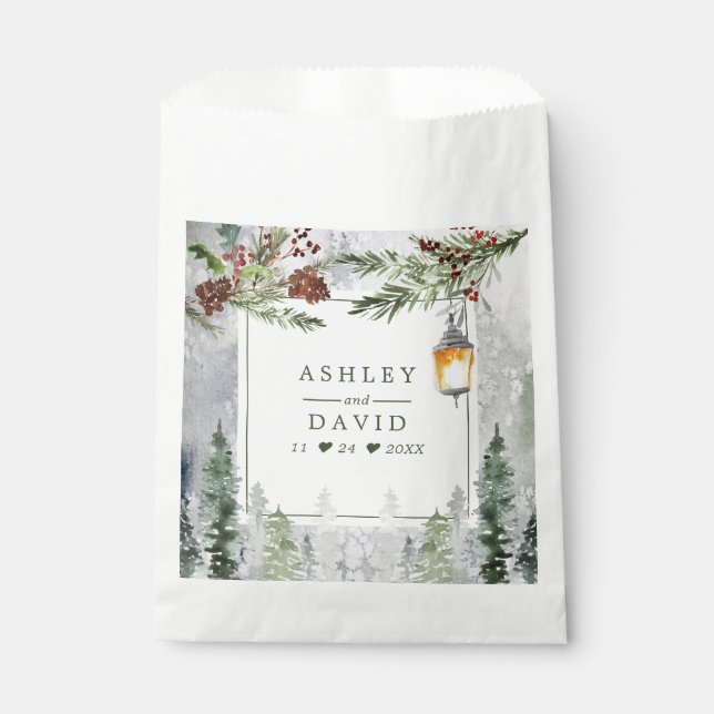 Winter Rustic Pine Trees Lantern Botanical Wedding Favor Bag (Front)