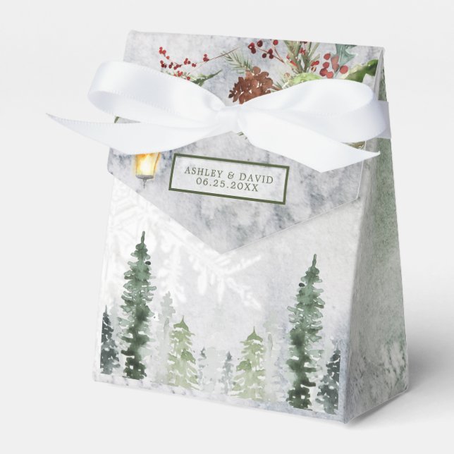 Winter Rustic Pine Trees Lantern Botanical Wedding Favor Boxes (Front Side)
