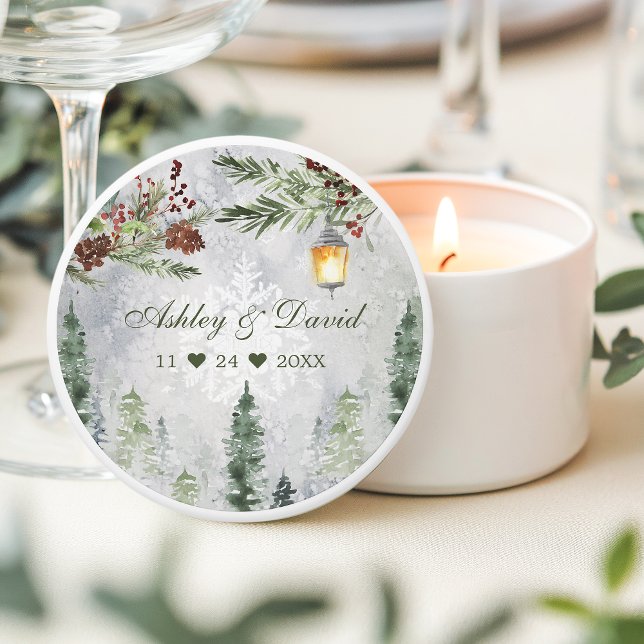 Winter Rustic Pine Trees Lantern Botanical Wedding Mini Candle Favors (Creator Uploaded)