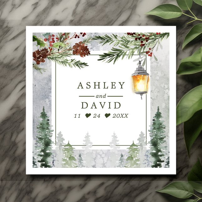 Winter Rustic Pine Trees Lantern Botanical Wedding Napkins (Creator Uploaded)