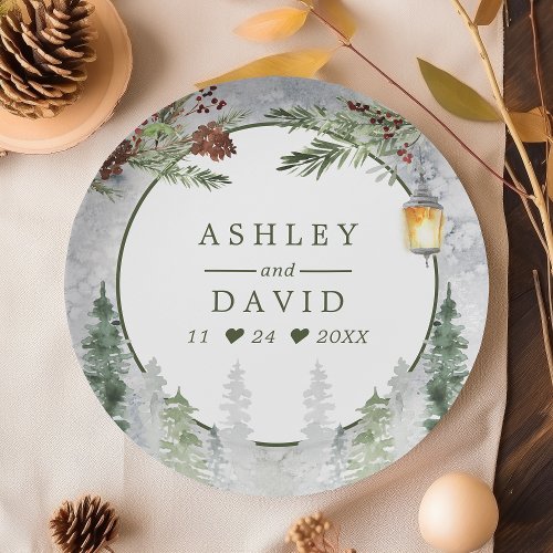 Winter Rustic Pine Trees Lantern Botanical Wedding Paper Plates