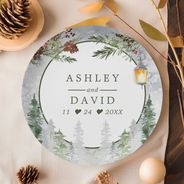 Winter Rustic Pine Trees Lantern Botanical Wedding Paper Plates (Creator Uploaded)