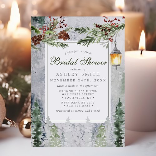 Winter Rustic Pine Trees Lantern Bridal Shower Invitation