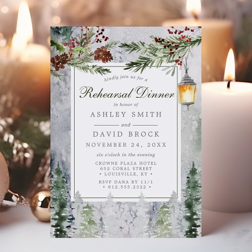 Winter Rustic Pine Trees Lantern Rehearsal Dinner Invitation