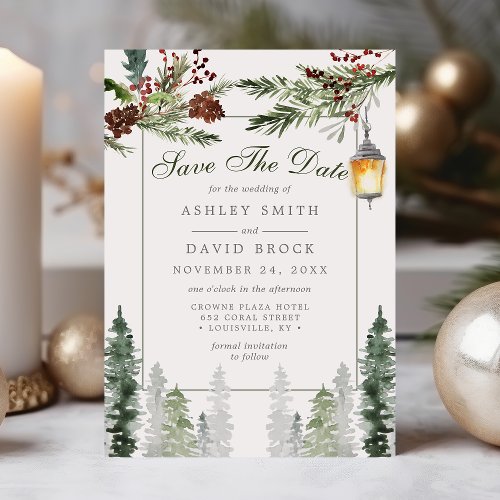 Winter Rustic Pine Trees Lantern Save The Date