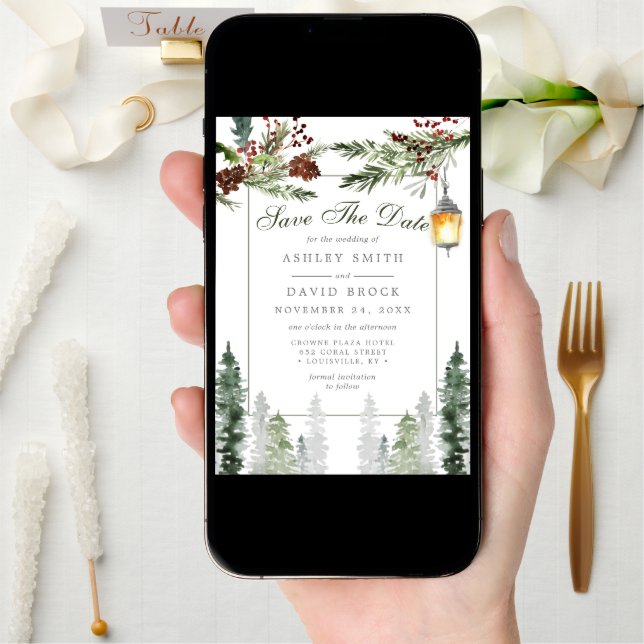 Winter Rustic Pine Trees Lantern Save The Date (Front Digital)