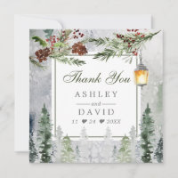 Winter Rustic Pine Trees Lantern Thank You Card