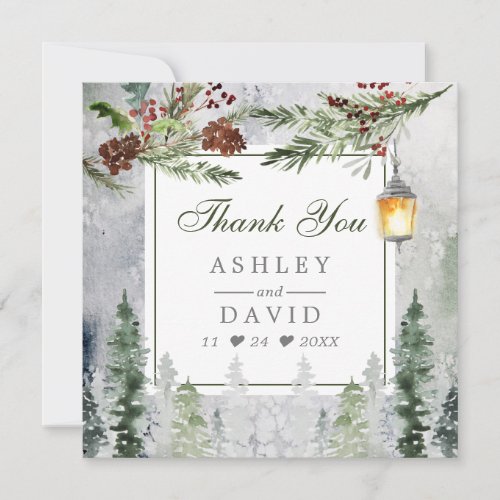 Winter Rustic Pine Trees Lantern Thank You Card