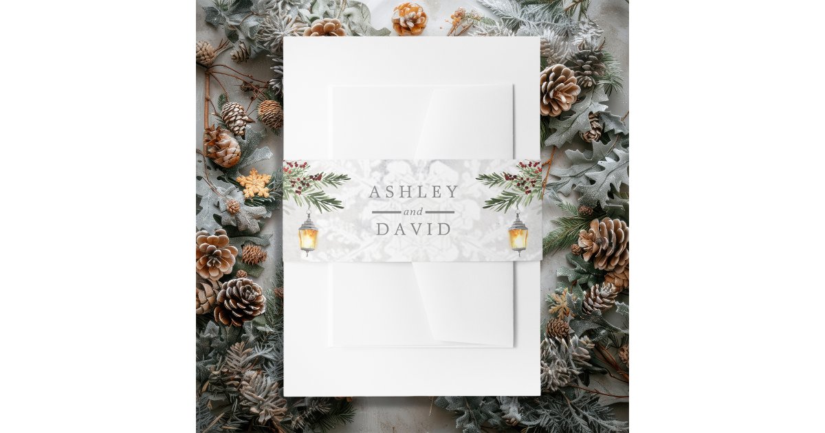 Winter Rustic Pine Trees Lantern Wedding Invitation Belly Band | Zazzle