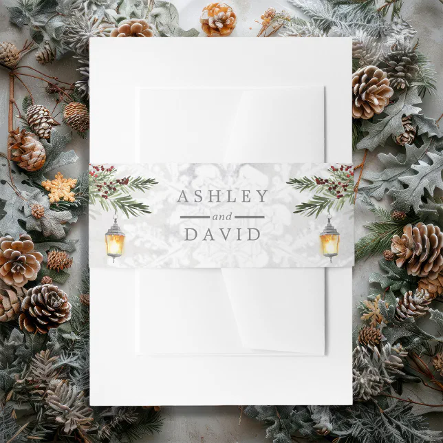 Winter Rustic Pine Trees Lantern Wedding Invitation Belly Band | Zazzle
