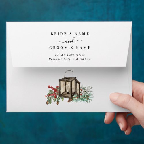 Winter Rustic Pine Trees Lantern Wedding Invite Envelope