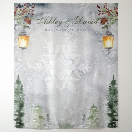 Winter Rustic Pine Trees Lantern Wedding Photo Tap Tapestry