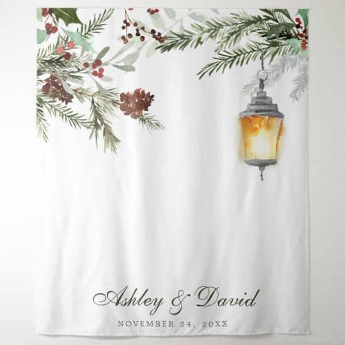 Winter Rustic Pine Trees Lantern Wedding Photo Tapestry