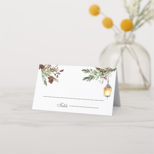 Winter Rustic Pine Trees Lantern Wedding Place Card