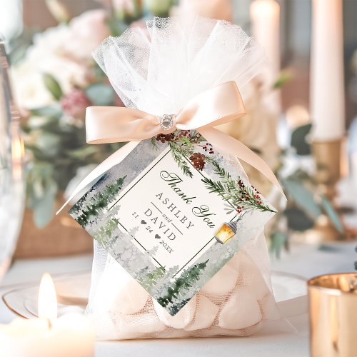 Winter Rustic Pine Trees Lantern Wedding Thank You Favor Tags