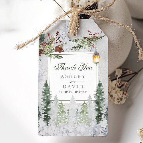 Winter Rustic Pine Trees Lantern Wedding Thank You Gift Tags