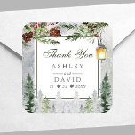 Winter Rustic Pine Trees Lantern Wedding Thank You Square Sticker<br><div class="desc">Winter Rustic Pine Trees Lantern Wedding Thank You Square Sticker</div>